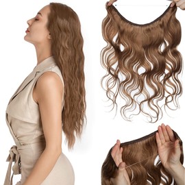 S-noilite Wire Hair Extensions Human Hair with 2 Clips Wavy Secret Wire Hair Extensions with Adjustable Headband 22" 75g Fish Line Hairpieces For Women Adding Volume #6 Light Brown