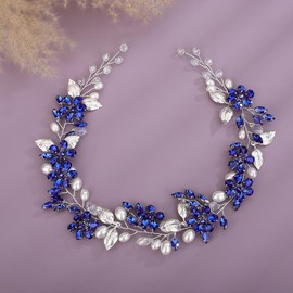 Denifery Bridal Wedding Hair Vine Headband Silver Crystal Leaf Hair Pieces Handmade Rhinestone Headpiece Hair Accessories for Women Bride Girls (Deep Blue)