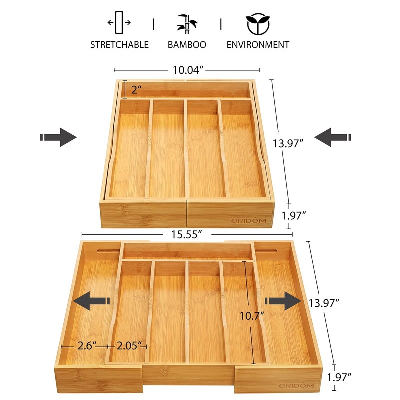 oridom Expandable Bamboo Kitchen Drawer Organizer for Cutlery and Utensils,