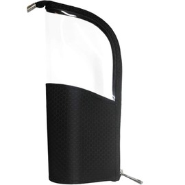 Black Travel Makeup Brush Holder, Pencil Pen Case Organizer Bag Clear Plastic Cosmetic Zipper Pouch Portable Waterproof Dust-Free Stand-Up Small Toiletry Stationery Bag with Divider (Black, One Size)