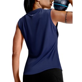 MIER Sleeveless Athletic Tops for Women Dry Fit Running Workout Tank Top Crew Neck Active Tennis Gym Yoga Tee Shirts, Navy, M