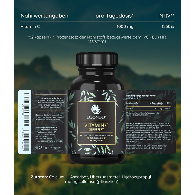 Vitamin C 375 Capsules 1000mg per Daily Dose, High Dose,
