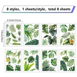 CRASPIRE 8 Sheets Green Leaf Window Stickers Tropical Leaves PVC Waterproof Self Adhesive Summer Wall Decals Natural Palm Plant Rectangle Removable for Stairway Home Decoration TV Wall Art