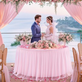 Pink Round Tulle Tablecloth 72 Inch Tulle Round Table Skirt for Girls Party Wrinkle Free Ruffle Tutu Table Skirt Spandex Stretch Fitted Round Table Cover for Wedding Birthday Baby Shower Banquet Event