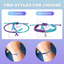 MOSOTECH 10 Pcs Suicide Prevention Awareness Bracelets with Independent Small Package of Each Piece, Adjustable Cord Purple Teal Ribbon Braided Bracelets for Women Men, Charity Campaign Supplies, One