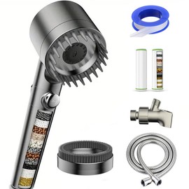 Filtered Shower Head with Handheld, High Pressure Shower Heads 3 Spray Mode with ON/OFF Switch, Power Wash for Bathroom Cleaning, Shower Head with Filters Prevents Dry Skin and Damaged Hair - Colour: Grey-Showerhead Set+Brushed Head