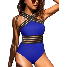 Hilor - Traje de baño de una Pieza para Mujer, de Cintura Alta, para Adelgazar, Azul Real, 8-10