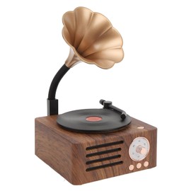 Vintage Turntable, Portable Turntable with Wood Grain and Copper Horn, FM Radio Function, Compact Bluetooth Speaker for Entertainment and Home Decoration
