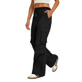 DLOODA Womens Cargo Pants Elastic Waist Wide Leg Parachute Pants with 4 Pockets Baggy Hiking Trousers Travel Y2K Waterproof Black