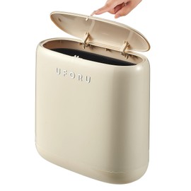 UFORU Bathroom Trash Can, 3.2 Gallon Slim Trash Can with Lid, Small Garbage Can with Inner Bucket, Narrow Plastic Trash Bin Wastbasket for Bathroom, Office, Bedroom, Beige