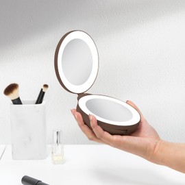 Zadro Compact Travel Makeup Mirror with Lights, 10X/1X Dual Magnification, LED Lighted Folding Design, Battery Operated Portable Mirror for Purse, Desk, or Travel Use (Chocolate)