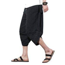 PRIJOUHE Men's Harem Capri Pants, Wide Leg Mens Capris, Summer Linen Pants B-Black
