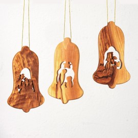KASSIS Geschenkartikel Olive Wood Christmas Decoration Tree Decorations Set of 3 Nativity Pendants Holy Family Shepherd and Three Kings with Bark Handmade in Bethlehem 11.5 cm (Bell without Bark)