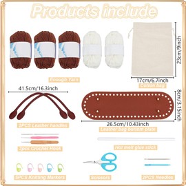 ORIGACH DIY Crochet Handbag Kit for Beginners, Dark Brown Striped Tote Bag with PU Leather Band and Base, Complete Crochet Set to Make a Bag, Include Yarn, Hooks, Markers and Instruction