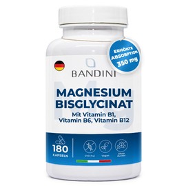 Bandini® Magnesium Bisglycinate | 350 mg Magnesium Chelate per Dose with Vitamins B1, B6, B12 | 180 Vegan Capsules, 2 Months | Against Stress, Fatigue, Muscle Pain, Nervous System Support