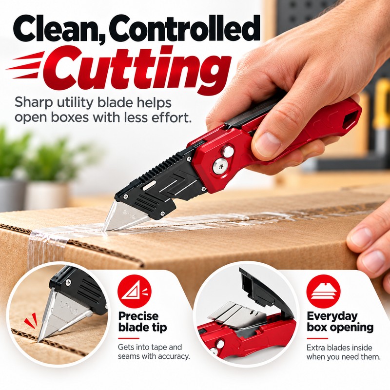 Folding Utility Knife for Box Cutting – Quick-Change Blade, Anti-Slip