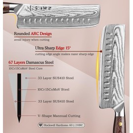HEZHEN Damascus Nakiri Chef Knife 7.4 inch, 67 Layers Damascus Steel, Full Tang Knife,Vegetable Cleaver with Micarta Handle