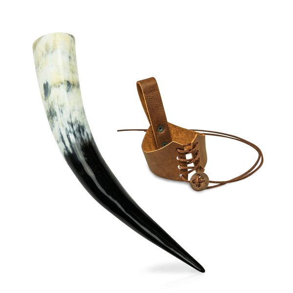 mankitoys Drinking Horn - Viking Horn Made of Cattle Horn & Leather Belt Holder - Food-Grade Methorn - Medieval - LARP - Viking Costume - 0.35 L