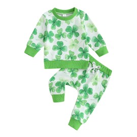 Nokpsedcb Infant Irish Outfits Baby Boy Shamrock Letter Print Sweatshirts and Long Pants 2Pcs St Patricks Day Newborn Clothes (A-Green, 6-12 Months)