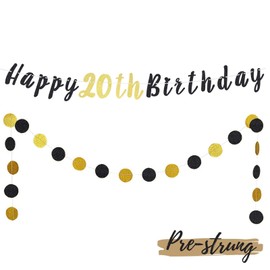 LASKYER Happy 20th Birthday Bunting Banner with Black & Gold Glitter Circle Dots Set Perfect for Twenty Years Old Birthday Party Decorations.