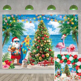 July Christmas Backdrop Summer Christmas Tree Santa Snowman Photography Background Tropical Beach Palm Leaves Blue Sky Ocean Xmas Family Holiday Party Photo Backdrop (8x6FT（240x180cm）)