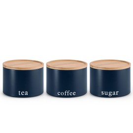 EHC Tea, Coffee, Sugar, Canister Set, Set of 3 Stackable Airtight Food Storage Easy to Open Storage Canisters Jars Tin, Navy Blue