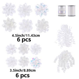 DYSHIPEN 16 Pcs Gift Bows,Bows for Gift Wrapping and Presents,2 Crimped Curling Ribbons,2 Curly Bows,Christmas Bows,for Parties, Birthdays, Weddings. (White, 4.5in+3.5in)