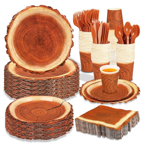 FULJOOY 200 Pieces Camping Wood Grain Slice Party Supplies Set