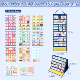 Visual Schedule Pocket Chart with 146 Cards for Classroom Kids, 2 in 1 Autism Daily Morning Routine Chore Chart Board Responsibility Planner Behavior Communication Cards Learning Material