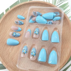 Spring Press on Nails Almond Short Fake Nails Glossy Glue on Nails Blue Full Cover False Nails Press ons with Flowers Leaves Designs Blue Gradient French Tip Artificial Stick on Nails for Women 24Pcs
