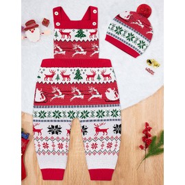 SunFocus 0-6 Months Ugly Christmas Romper Newborn Baby Reindeer Sweater Gender Neutral Infant First Xmas Outfit Red And White Overalls Clothes With Hat Set