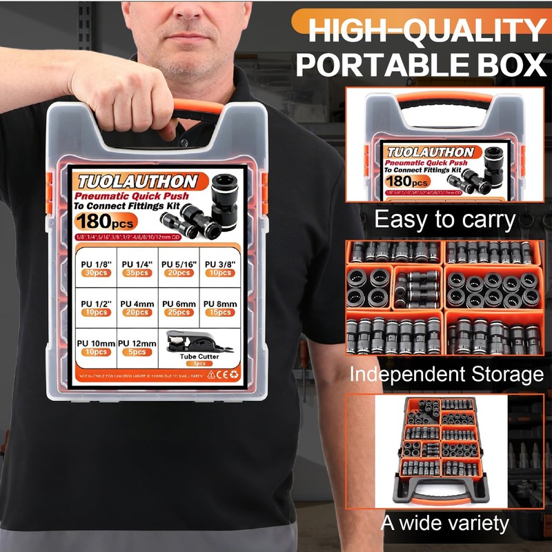 180PCS Air Hose Push to Connect Fittings Kit, 1/8",1/4",5/16",3/8",1/2" &