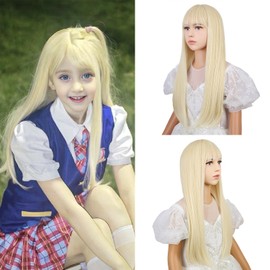 WAVELNM Light Blonde Wig for Kids Child Blonde Wig with Bangs Girls Golden Blonde Long Straight Wig Synthetic Wigs with Wig Cap