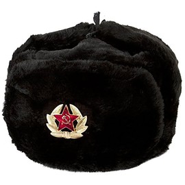 BLACK ORIGINAL RUSSIAN FUR USHANKA WINTER GENUIN WOOL COLD WAR BLACK HAT CAP WITH BADGE. SIZE 58-59 (L)