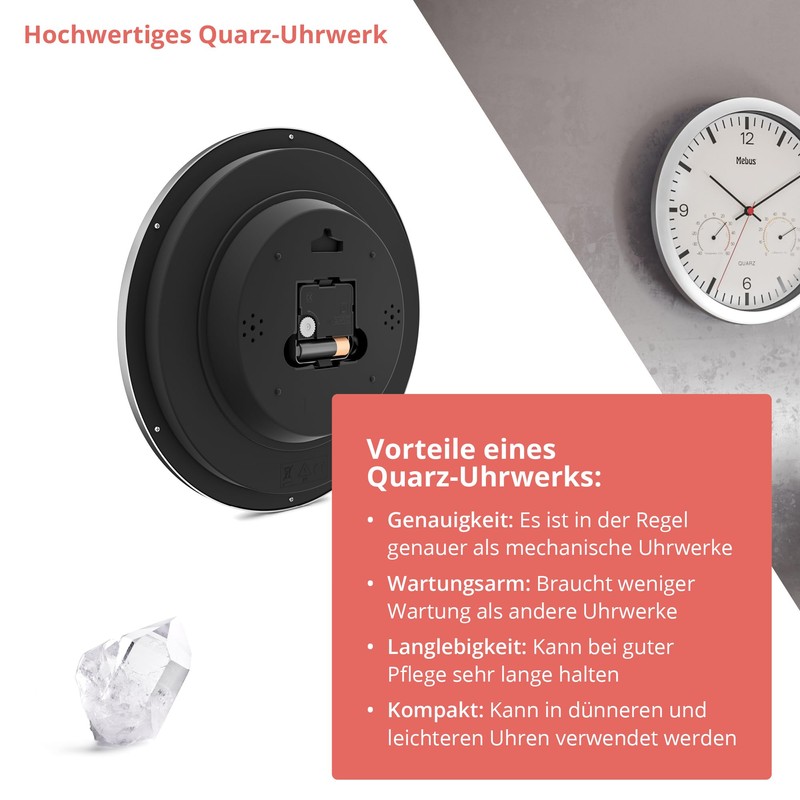 Mebus Quartz Wall Clock with Thermometer and Hygrometer Silver Frame