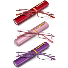REAVEE 3 Pack Slim Pen Reading Glasses Small Tube Readers for Men Women Spring Hinged with Portable Clip Case, Red Pink Purple 2.25