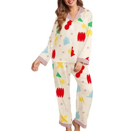 Brosloth Womens Silk Pajamas Set Long Sleeve Button Up Contrast Color Cute Satin Pjs Sets Silky Two Piece Sleepwear Cartoon White L