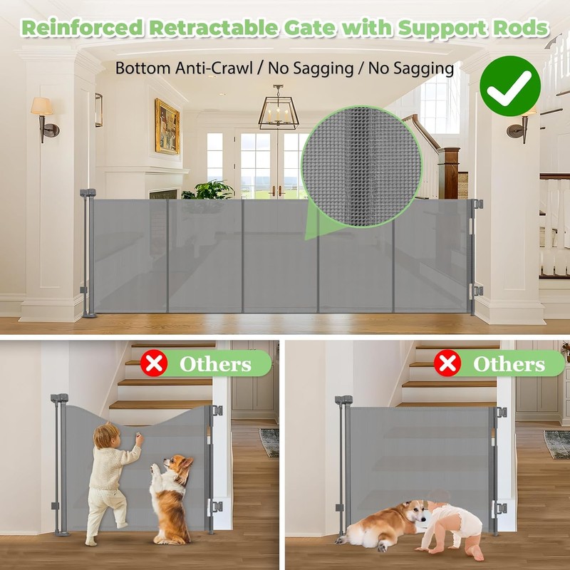 Reinforced 120" Extra Wide Retractable Baby Gate with Support Rods