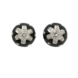 Kenneth Jay Lane, Black Enamel Clipe earrign with silver/crystal shield shape center, Dimensions: 1.25"