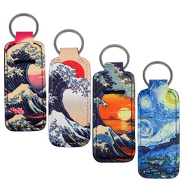 BKBKAAK 4 Pcs Art Lipstick Sleeves Holder Keychain, Elastic Fabric Lip Balm Key Chain, Wave & Starry Night Lip Balm Holder for Women, Teacher, Nurse, Wave, 4.52x1.57 INCH