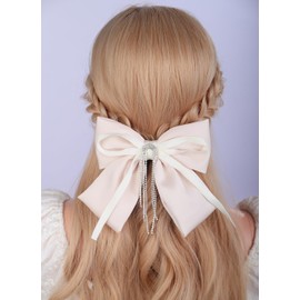Jumwrit Big Off White Satin Hair Bow Clip Sparkly Rhinestone Long Tassel Hair Clip Large Hair Barrette French Style Handmade Bowknot Hair Accessories for Women and Girls Party Valentine (Off White)