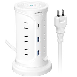 NVEESHOX Power Strip with Type-C Extension Cord, Tower with Telescopic Fixing Parts, Outlet & USB Included, Lightning Guard, 3 Layers, 12 AC Outlets, 3 USB Ports, Octopus Wiring, Table Tap, OA Tap, Multi-Tap, Under Desk, Wall Hanging, Safety Protection F