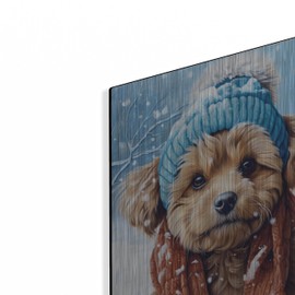 Luxe Metal Art 'Portrait Of A Little Dog With Scarf And Wool Hat' by Momart Metal Wall Art, 12" x 16"
