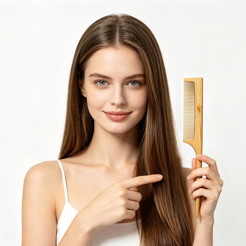 2pcs Bamboo Hair Comb Set, Natural Bamboo Wood Tail Combs