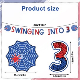 SAVITA Spider 3rd Birthday Banner, Pre-Strung Swinging into 3 Banner Cartoon Spider Web Party Decor for Boys Baby Showers & 3rd Birthday Celebrations