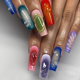 Press on Nails Long Square Colorful Obrem Fake Nails Three-Dimensional Water Droplet False Nails with Designs Full Cover Summer Acrylic Nails Glossy Glue on Nails Artificial Nails for Women Girls
