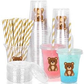 Whaline 50Pcs Bear Disposable Plastic Cups with Lids and Straws 12oz Cute Brown Bear Party Cups Cold Beverage Drinking Cups for Baby Shower Birthday Party Supplies