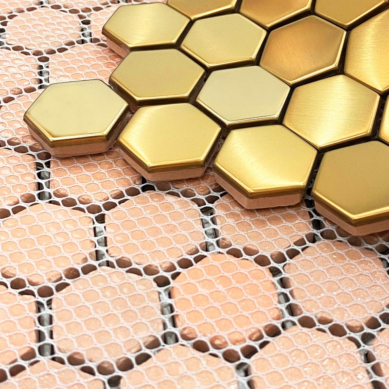 Blujellyfish Hexagon Gold Backsplash Tiles Metal Mosaic Tile Stainless Steel