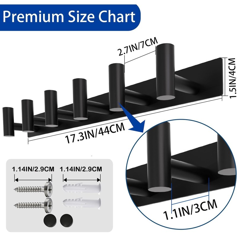Matte Black Coat Rack Wall Mount - 6 Hooks, Heavy