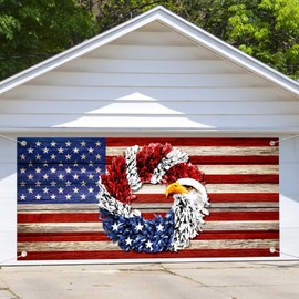13 x 6 ft4th of July Garage Door Cover, Happy Independence Eagle USA Flag Wreath Garage Door Banner, Holiday Garage Door Backdrop for Memorial Veterans Party Outdoor Decor